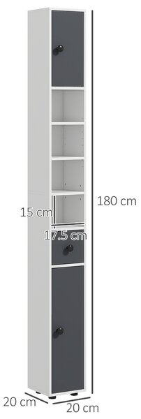 Kleankin 180cm Tall Slim Bathroom Cabinet, Narrow Toilet Roll Storage with Open Shelves, 2 Door Cabinets, Adjustable Shelves, for Kitchen Aosom UK