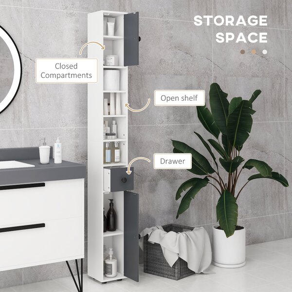 Kleankin 180cm Tall Slim Bathroom Cabinet, Narrow Toilet Roll Storage with Open Shelves, 2 Door Cabinets, Adjustable Shelves, for Kitchen Aosom UK