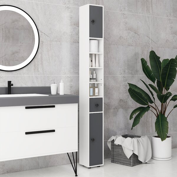 Kleankin 180cm Tall Slim Bathroom Cabinet, Narrow Toilet Roll Storage with Open Shelves, 2 Door Cabinets, Adjustable Shelves, for Kitchen Aosom UK