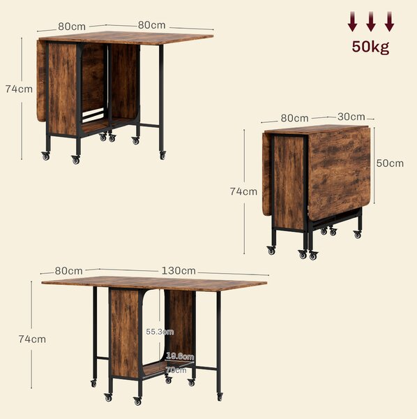 HOMCOM Mobile Drop Leaf Table Folding Kitchen Table Extendable Dining Table For Small Spaces With 6 Wheels & Storage Shelf Rustic Brown Aosom UK