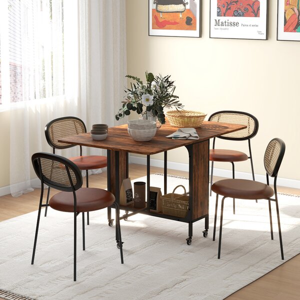 HOMCOM Mobile Drop Leaf Table Folding Kitchen Table Extendable Dining Table For Small Spaces With 6 Wheels & Storage Shelf Rustic Brown Aosom UK