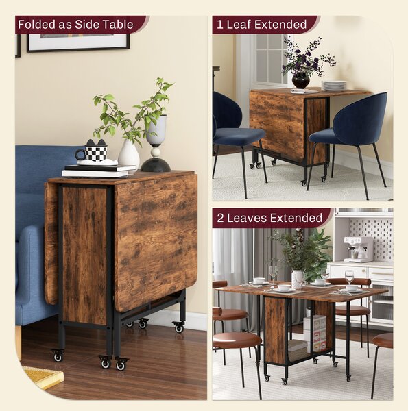 HOMCOM Mobile Drop Leaf Table Folding Kitchen Table Extendable Dining Table For Small Spaces With 6 Wheels & Storage Shelf Rustic Brown Aosom UK