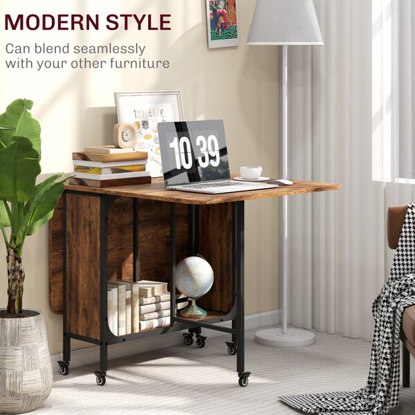 HOMCOM Mobile Drop Leaf Table Folding Kitchen Table Extendable Dining Table For Small Spaces With 6 Wheels & Storage Shelf Rustic Brown Aosom UK