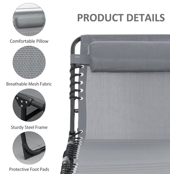 Outsunny Folding Sun Lounger, Reclining Camping Bed with 5-Position Adjustable Backrest, Pillow, Grey