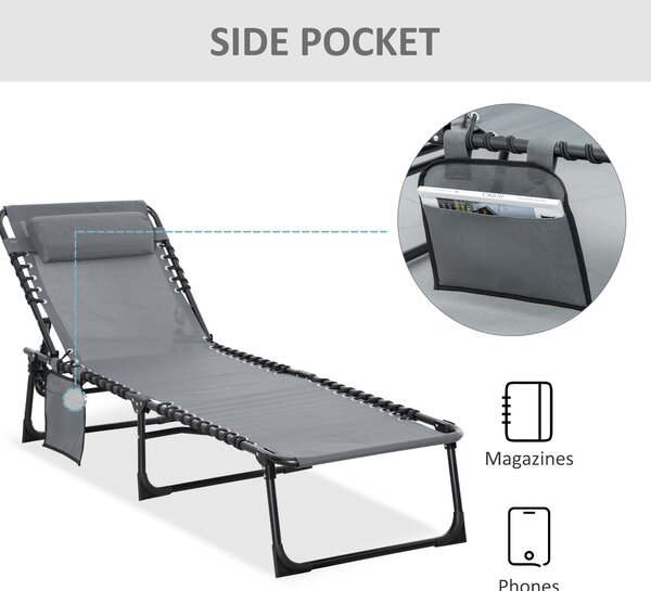 Outsunny Folding Sun Lounger, Reclining Camping Bed with 5-Position Adjustable Backrest, Pillow, Grey