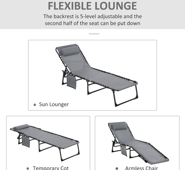 Outsunny Folding Sun Lounger, Reclining Camping Bed with 5-Position Adjustable Backrest, Pillow, Grey