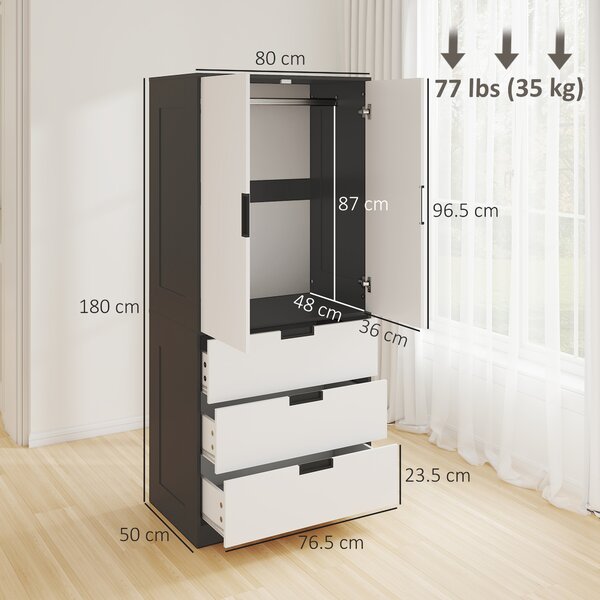 HOMCOM Modern Wardrobe Double-Door Wardrobe with Drawers Black & White Wardrobe 3 Drawers & Hanging Rod, Black & White Aosom UK