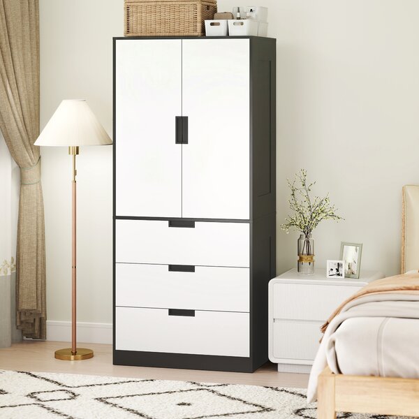 HOMCOM Modern Wardrobe Double-Door Wardrobe with Drawers Black & White Wardrobe 3 Drawers & Hanging Rod, Black & White Aosom UK