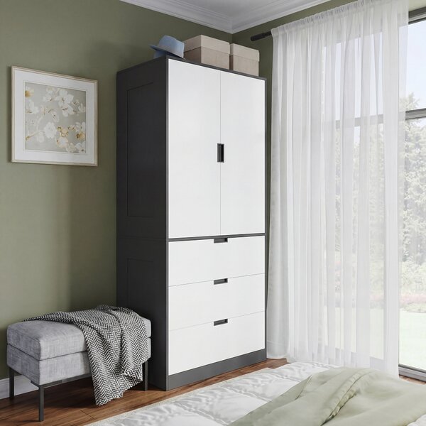 HOMCOM Modern Wardrobe Double-Door Wardrobe with Drawers Black & White Wardrobe 3 Drawers & Hanging Rod, Black & White Aosom UK