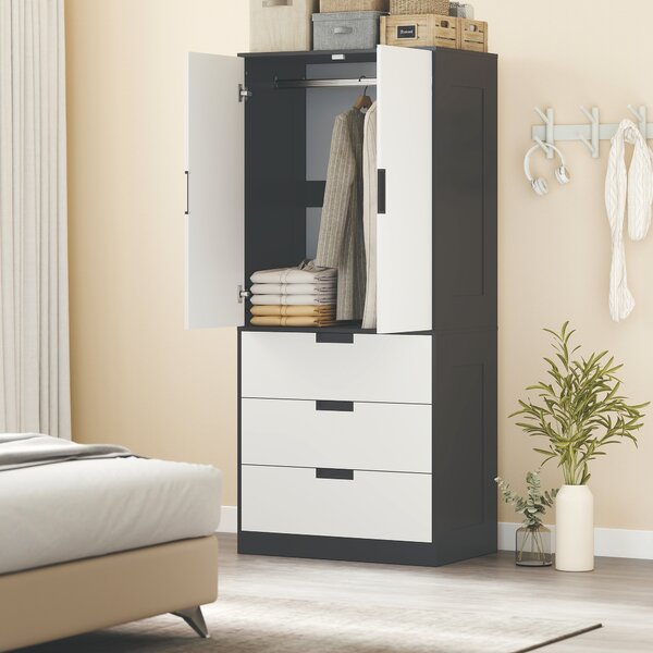 HOMCOM Modern Wardrobe Double-Door Wardrobe with Drawers Black & White Wardrobe 3 Drawers & Hanging Rod, Black & White Aosom UK