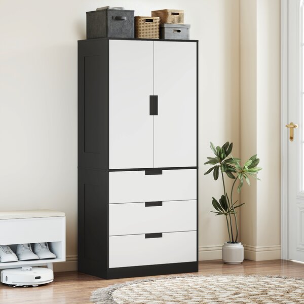 HOMCOM Modern Wardrobe Double-Door Wardrobe with Drawers Black & White Wardrobe 3 Drawers & Hanging Rod, Black & White Aosom UK