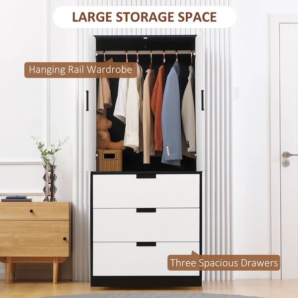 HOMCOM Modern Wardrobe Double-Door Wardrobe with Drawers Black & White Wardrobe 3 Drawers & Hanging Rod, Black & White Aosom UK