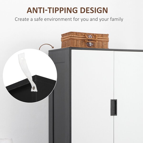 HOMCOM Modern Wardrobe Double-Door Wardrobe with Drawers Black & White Wardrobe 3 Drawers & Hanging Rod, Black & White Aosom UK