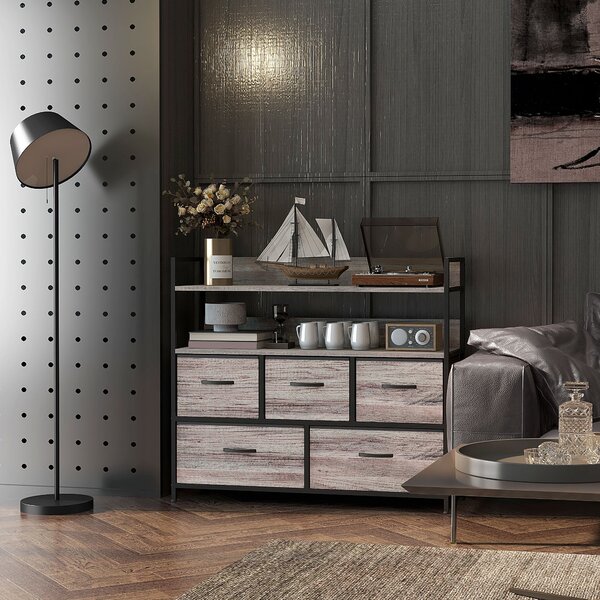 HOMCOM Rustic Chest of Five Fabric Drawers - Grey Wood Effect Aosom UK