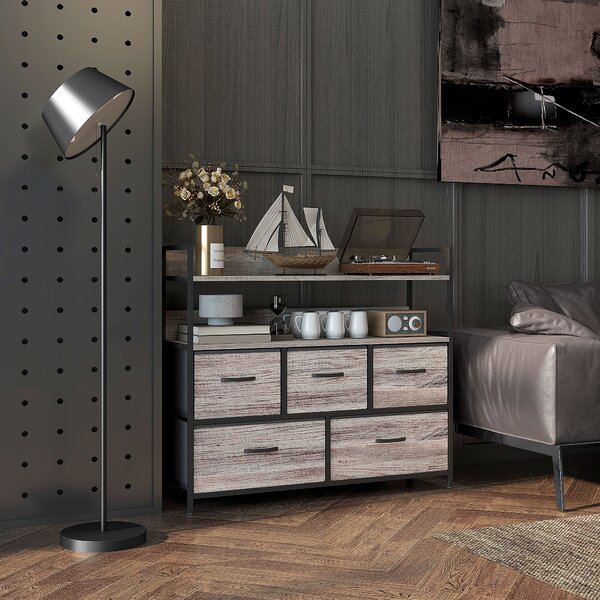 HOMCOM Rustic Chest of Five Fabric Drawers - Grey Wood Effect Aosom UK