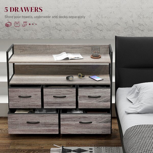 HOMCOM Rustic Chest of Five Fabric Drawers - Grey Wood Effect Aosom UK