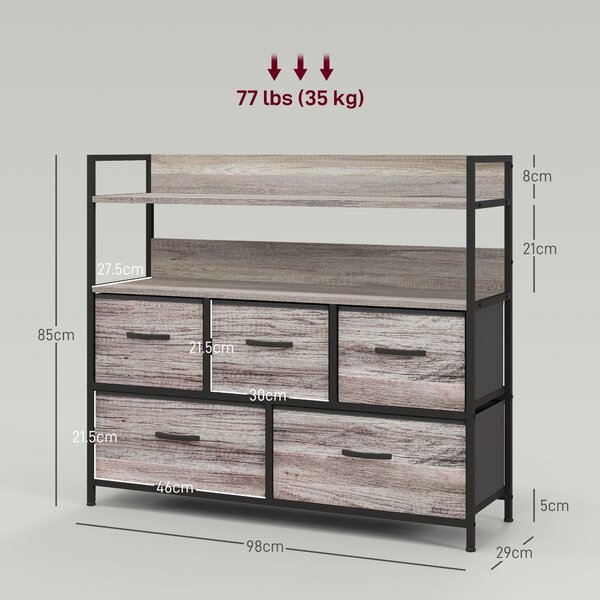 HOMCOM Rustic Chest of Five Fabric Drawers - Grey Wood Effect Aosom UK