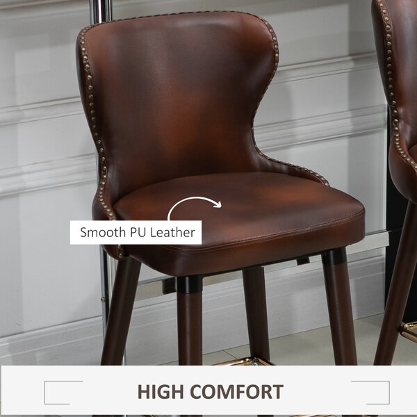 HOMCOM Bar Chair Set of 2, PU Leather Vintage Counter-Height Bar Stool, Luxury European Style Kitchen Stools with Back, Brown Aosom UK