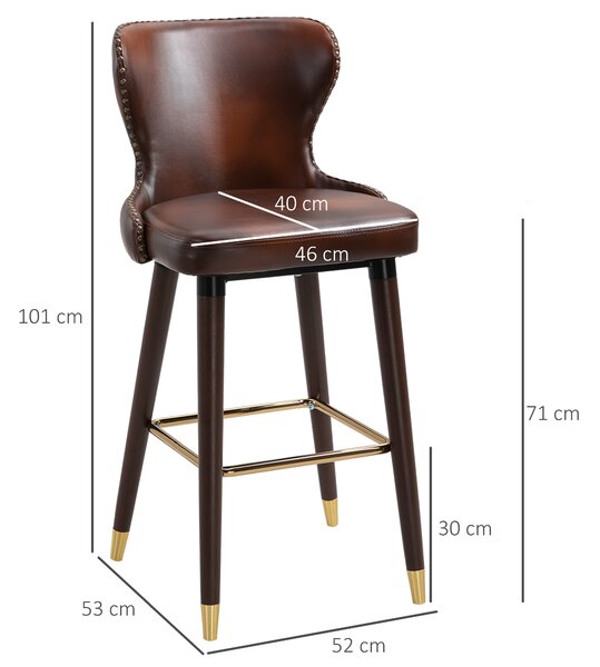 HOMCOM Bar Chair Set of 2, PU Leather Vintage Counter-Height Bar Stool, Luxury European Style Kitchen Stools with Back, Brown Aosom UK