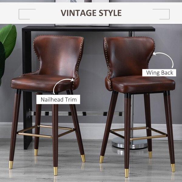 HOMCOM Bar Chair Set of 2, PU Leather Vintage Counter-Height Bar Stool, Luxury European Style Kitchen Stools with Back, Brown Aosom UK