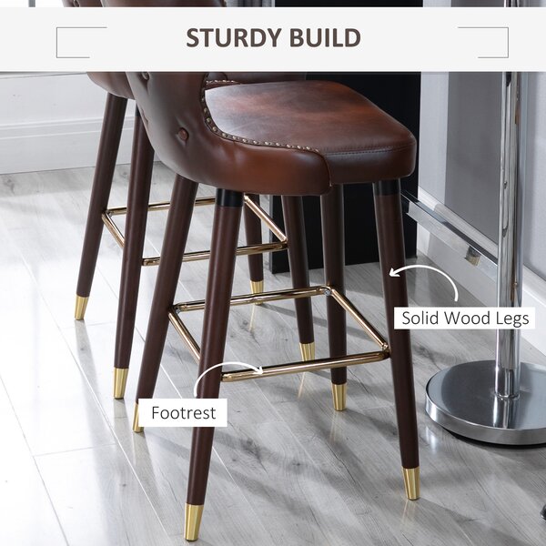 HOMCOM Bar Chair Set of 2, PU Leather Vintage Counter-Height Bar Stool, Luxury European Style Kitchen Stools with Back, Brown Aosom UK