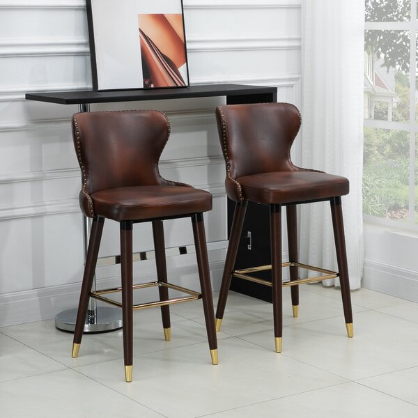 HOMCOM Bar Chair Set of 2, PU Leather Vintage Counter-Height Bar Stool, Luxury European Style Kitchen Stools with Back, Brown Aosom UK