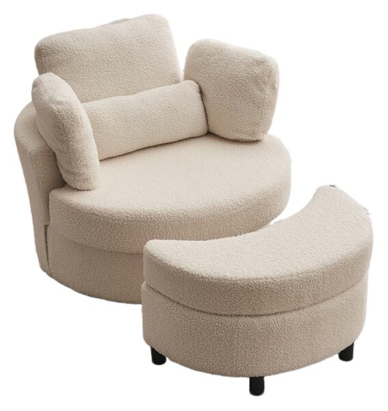 Teddy 360° Swivel Armchair Set with 3 Back Cushions and Crescent Ottoman Stool, Single Sofa for Living room, 107L x 105W x 82H cm, White Aosom.UK