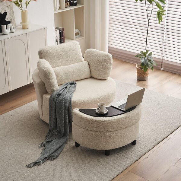 Teddy 360° Swivel Armchair Set with 3 Back Cushions and Crescent Ottoman Stool, Single Sofa for Living room, 107L x 105W x 82H cm, White Aosom.UK