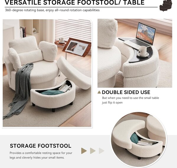 Teddy 360° Swivel Armchair Set with 3 Back Cushions and Crescent Ottoman Stool, Single Sofa for Living room, 107L x 105W x 82H cm, White Aosom.UK