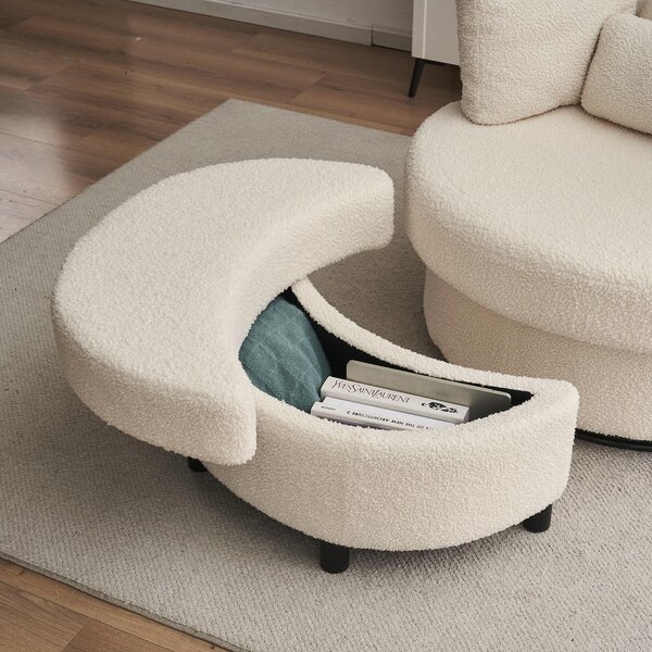Teddy 360° Swivel Armchair Set with 3 Back Cushions and Crescent Ottoman Stool, Single Sofa for Living room, 107L x 105W x 82H cm, White Aosom.UK