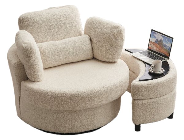 Teddy 360° Swivel Armchair Set with 3 Back Cushions and Crescent Ottoman Stool, Single Sofa for Living room, 107L x 105W x 82H cm, White Aosom.UK