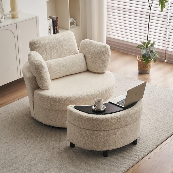 Teddy 360° Swivel Armchair Set with 3 Back Cushions and Crescent Ottoman Stool, Single Sofa for Living room, 107L x 105W x 82H cm, White Aosom.UK