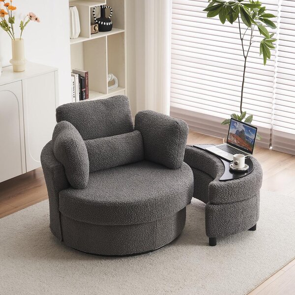 Teddy 360° Swivel Armchair with 3 Back Cushions and Crescent Ottoman Stool, Single Sofa for Living room, 107L x 105W x 82H cm, Medium Grey Aosom.UK