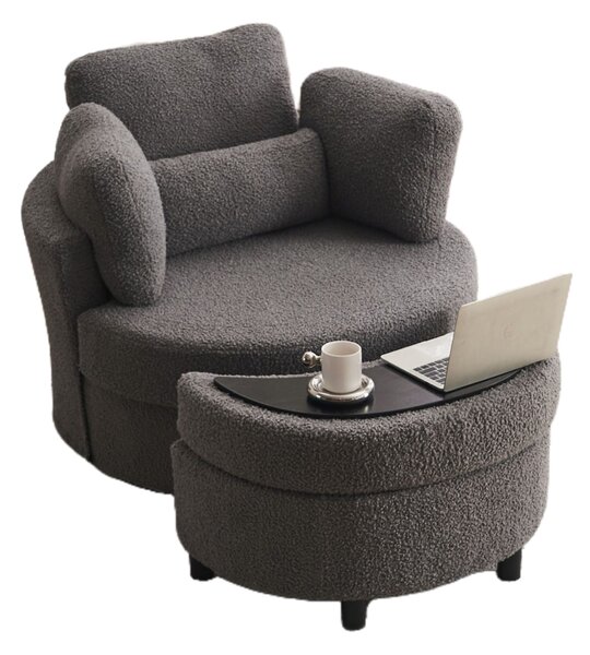 Teddy 360° Swivel Armchair with 3 Back Cushions and Crescent Ottoman Stool, Single Sofa for Living room, 107L x 105W x 82H cm, Medium Grey Aosom.UK