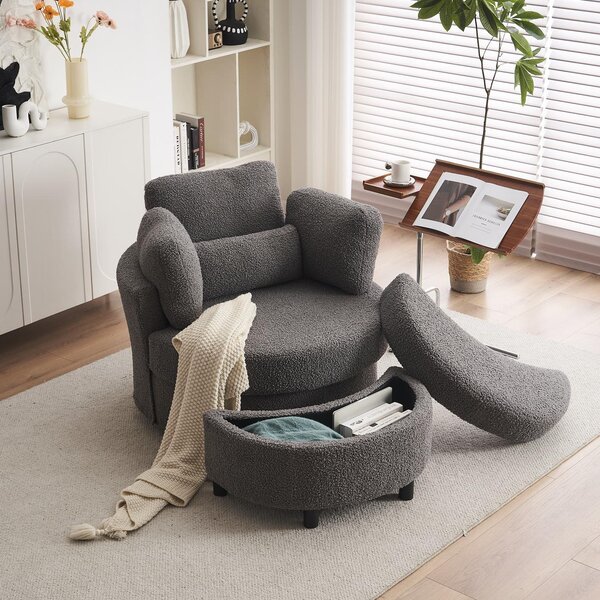 Teddy 360° Swivel Armchair with 3 Back Cushions and Crescent Ottoman Stool, Single Sofa for Living room, 107L x 105W x 82H cm, Medium Grey Aosom.UK