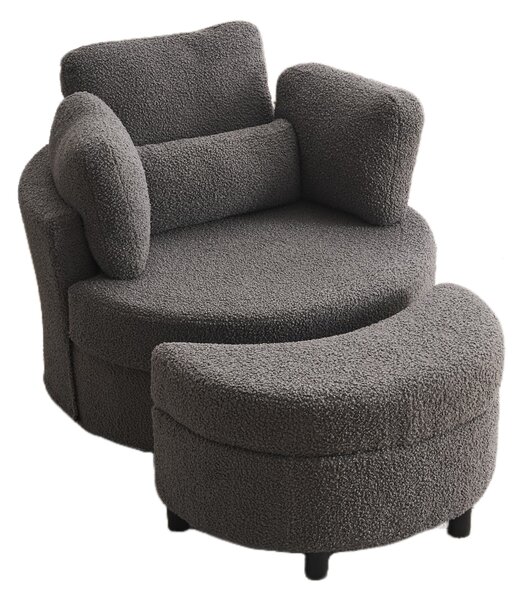 Teddy 360° Swivel Armchair with 3 Back Cushions and Crescent Ottoman Stool, Single Sofa for Living room, 107L x 105W x 82H cm, Medium Grey Aosom.UK