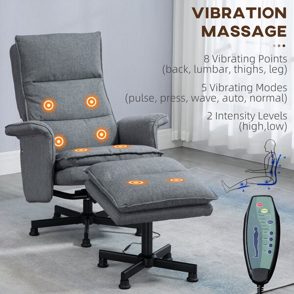 HOMCOM Swivel Massage Recliner Chair with Footstool, Remote Control, Steel Base, Cat Scratch Resistant, Grey Aosom UK