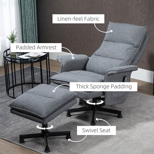 HOMCOM Swivel Massage Recliner Chair with Footstool, Remote Control, Steel Base, Cat Scratch Resistant, Grey Aosom UK
