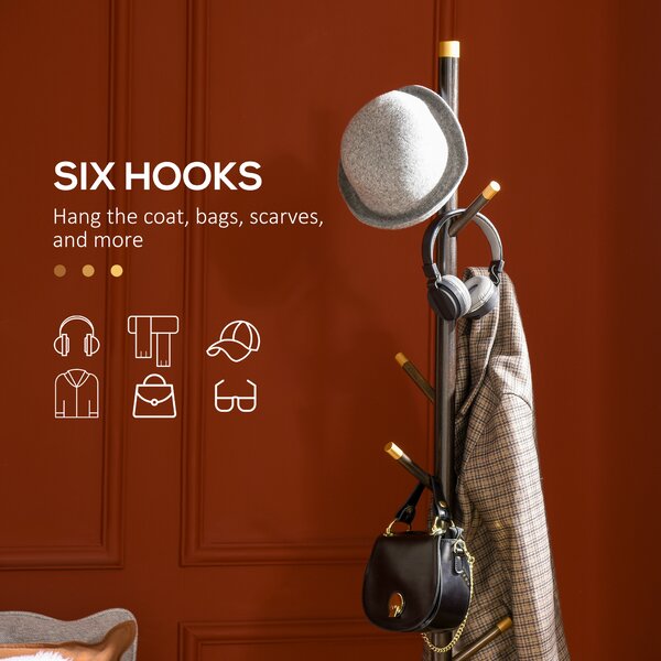 HOMCOM Hallway Hanger: Vintage Freestanding Coat Rack, Bamboo Frame with 6 Hooks, for Entryway, Hallway, Bedroom, Walnut Aosom UK