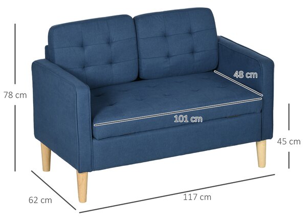 HOMCOM Modern Loveseat Sofa, Compact 2 Seater Sofa with Hidden Storage, 117cm Tufted Cotton Couch with Wood Legs, Blue