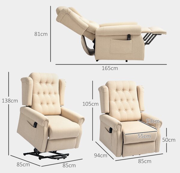 HOMCOM Power Lift Recliner Chair, Wingback Button Tufted Electric Lift Chair for Elderly, Fabric Riser and Reclining Armchair, Cat Scratch Resistant, Beige
