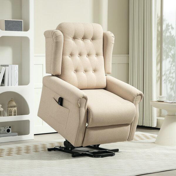 HOMCOM Power Lift Recliner Chair, Wingback Button Tufted Electric Lift Chair for Elderly, Fabric Riser and Reclining Armchair, Cat Scratch Resistant, Beige