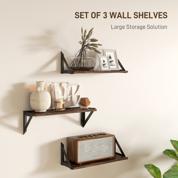 HOMCOM Set of 3 Wall Mounted Floating Shelves, Vintage Wall Shelves for Living Room, Entryway, Bedroom, Rustic Brown
