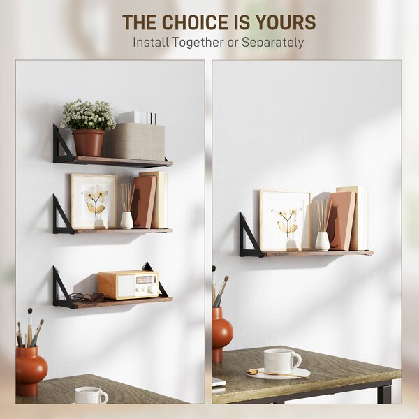 HOMCOM Set of 3 Wall Mounted Floating Shelves, Vintage Wall Shelves for Living Room, Entryway, Bedroom, Rustic Brown