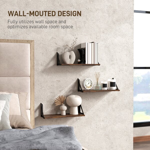 HOMCOM Set of 3 Wall Mounted Floating Shelves, Vintage Wall Shelves for Living Room, Entryway, Bedroom, Rustic Brown