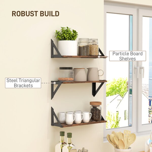 HOMCOM Set of 3 Wall Mounted Floating Shelves, Vintage Wall Shelves for Living Room, Entryway, Bedroom, Rustic Brown