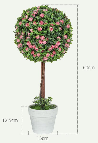 HOMCOM Set of 2 Decorative Artificial Plants, Ball Topiary Tree with Rose Flower in Pot, Fake Plants for Home Indoor Outdoor Decor, 60cm, Pink