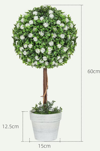 HOMCOM Set of 2 Decorative Artificial Plants, Ball Topiary Tree with Rose Flower in Pot, Fake Plants for Home Indoor Outdoor Decor, 60cm, White