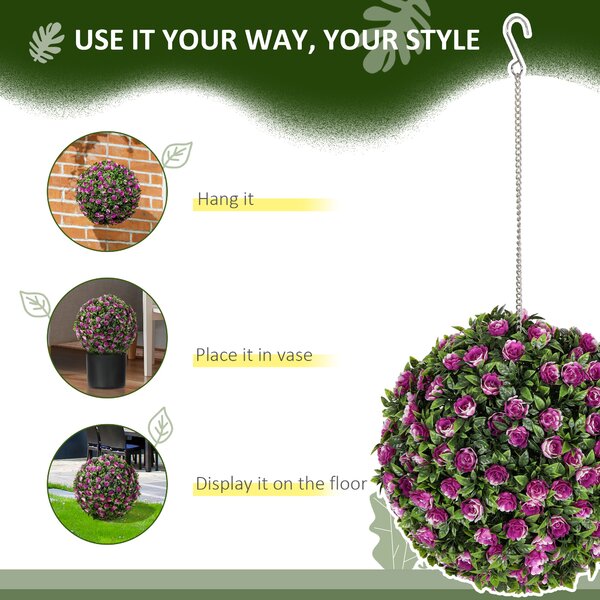 HOMCOM Set of 2 Decorative Artificial Plants, UV-protected Artificial Plant Topiary Rose Balls for Home Indoor outdoor Decor, 28cm, Purple