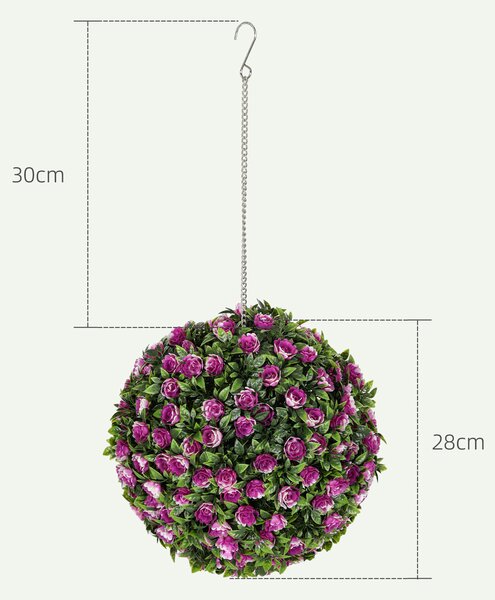 HOMCOM Set of 2 Decorative Artificial Plants, UV-protected Artificial Plant Topiary Rose Balls for Home Indoor outdoor Decor, 28cm, Purple